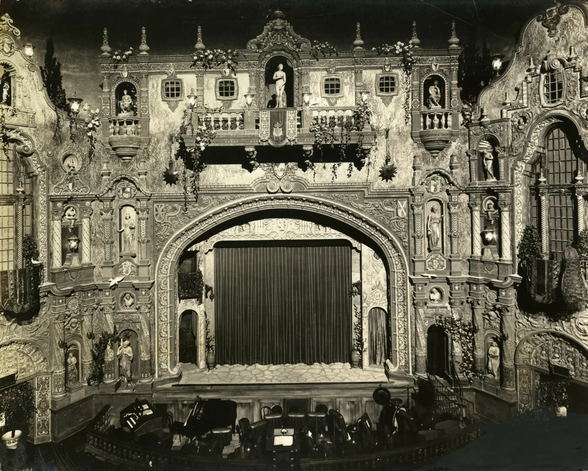 The ornate stage and balconies inside Tampa Theatre on North Franklin Street, in an early photograph.