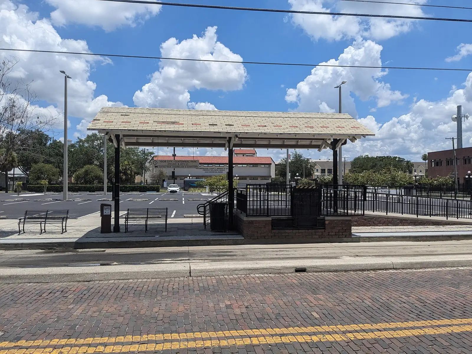 The TECO Line Streetcar stop at Centennial Park in Ybor City, site of the Taste of Latino Festival.