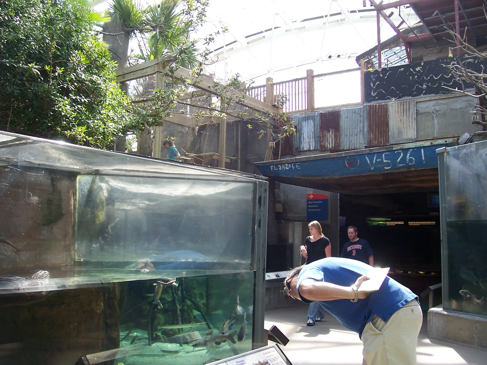 Visitors look into freshwater habitats in the glass-roofed wetlands gallery at The Florida Aquarium in Tampa.