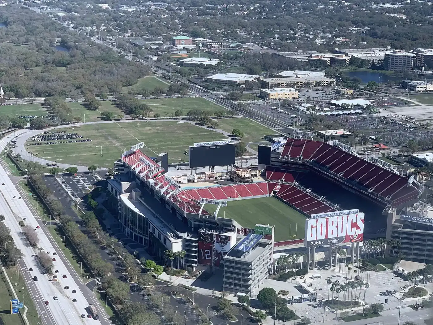 Raymond James Stadium from the air, with Dale Mabry Highway along its west side.