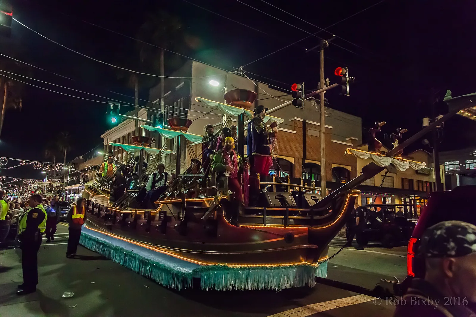 A lighted pirate ship float in the Sant'Yago Knight Parade in Ybor City