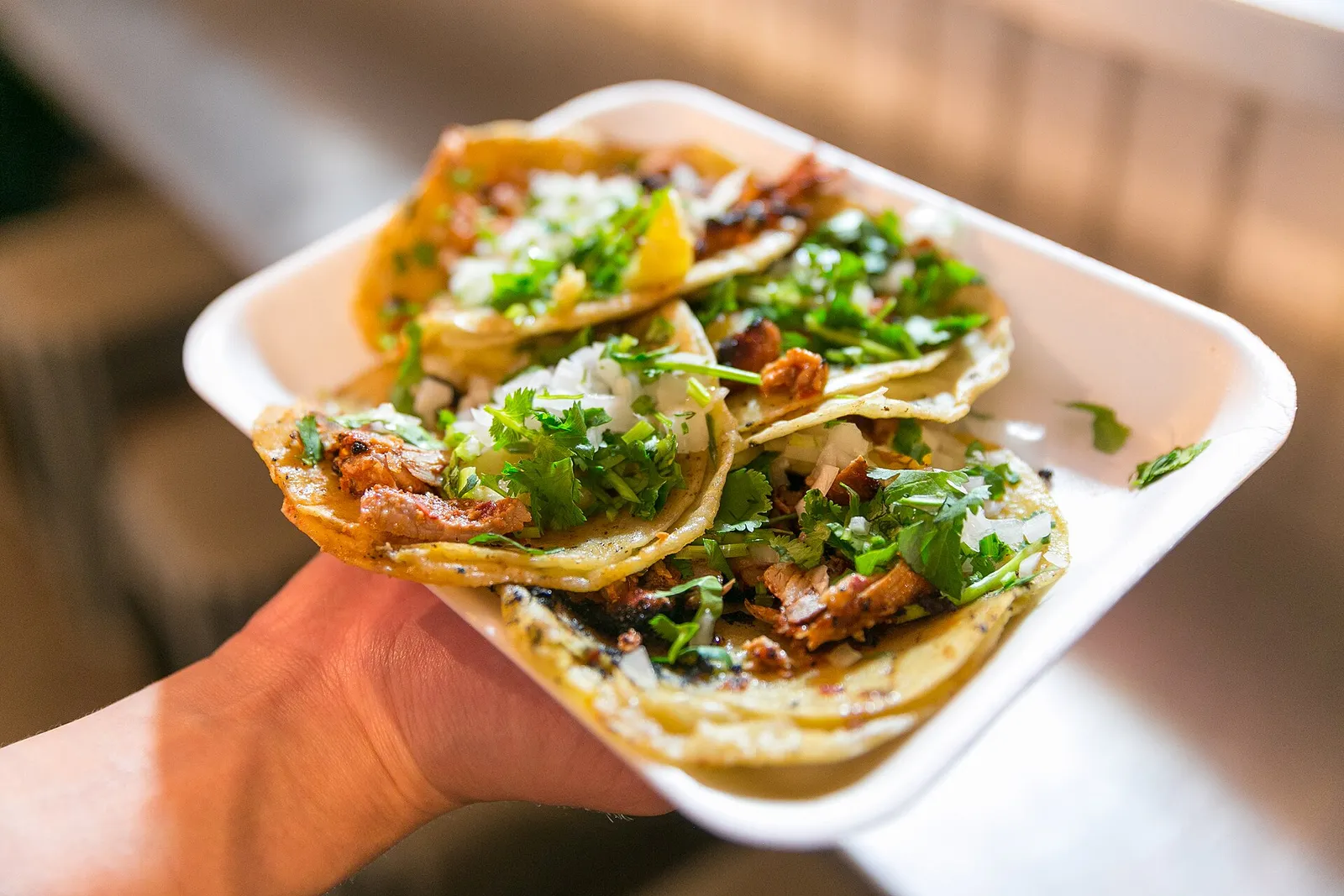 A plate of al pastor tacos topped with onion and cilantro. The photo was not taken at a Tampa restaurant.