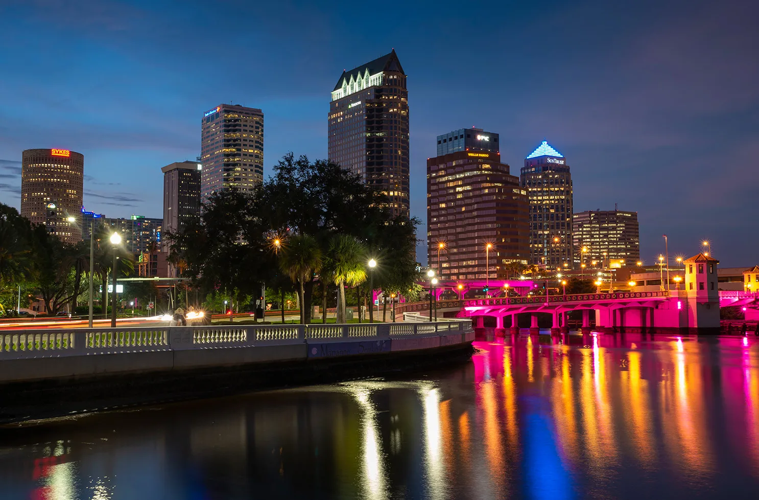 Downtown Tampa's towers and the lighted Platt Street Bridge reflected in the Hillsborough River from Bayshore Boulevard.