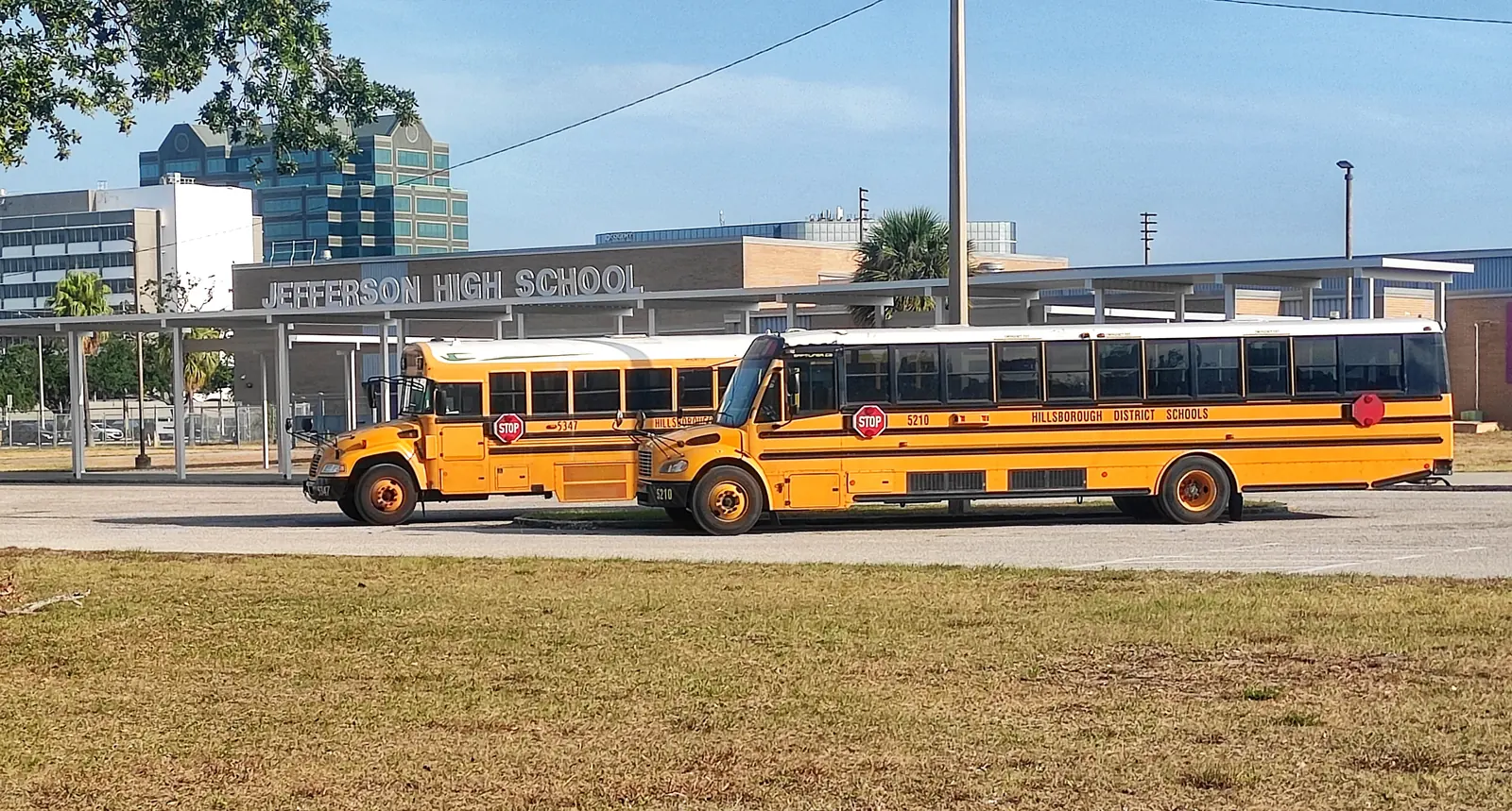 Hillsborough County school buses parked outside Jefferson High School on West Cypress Street in Tampa