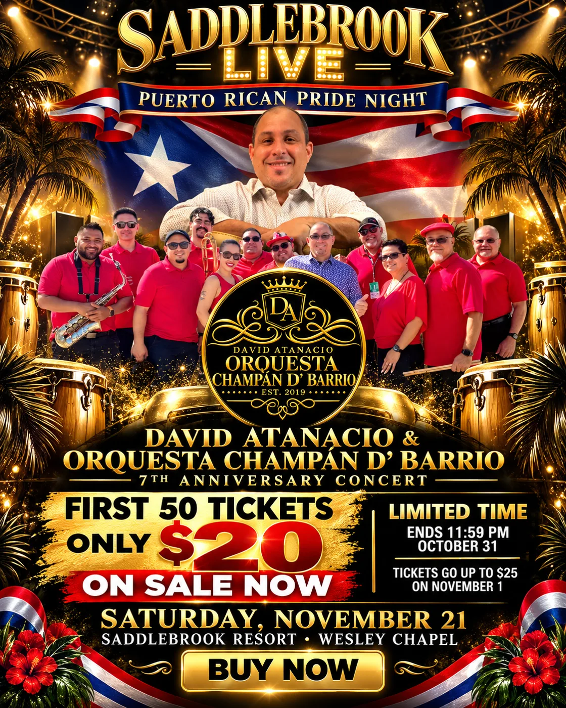 Saddlebrook Live poster for Puerto Rican Pride Night, with the 11-piece Orquesta Champán D' Barrio in red under a Puerto Rican flag