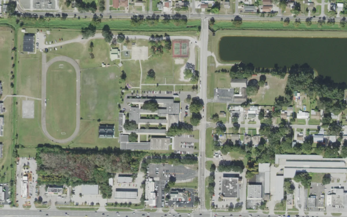 Alexander Elementary and the blocks around it on North Lois Avenue, Tampa, seen from the air
