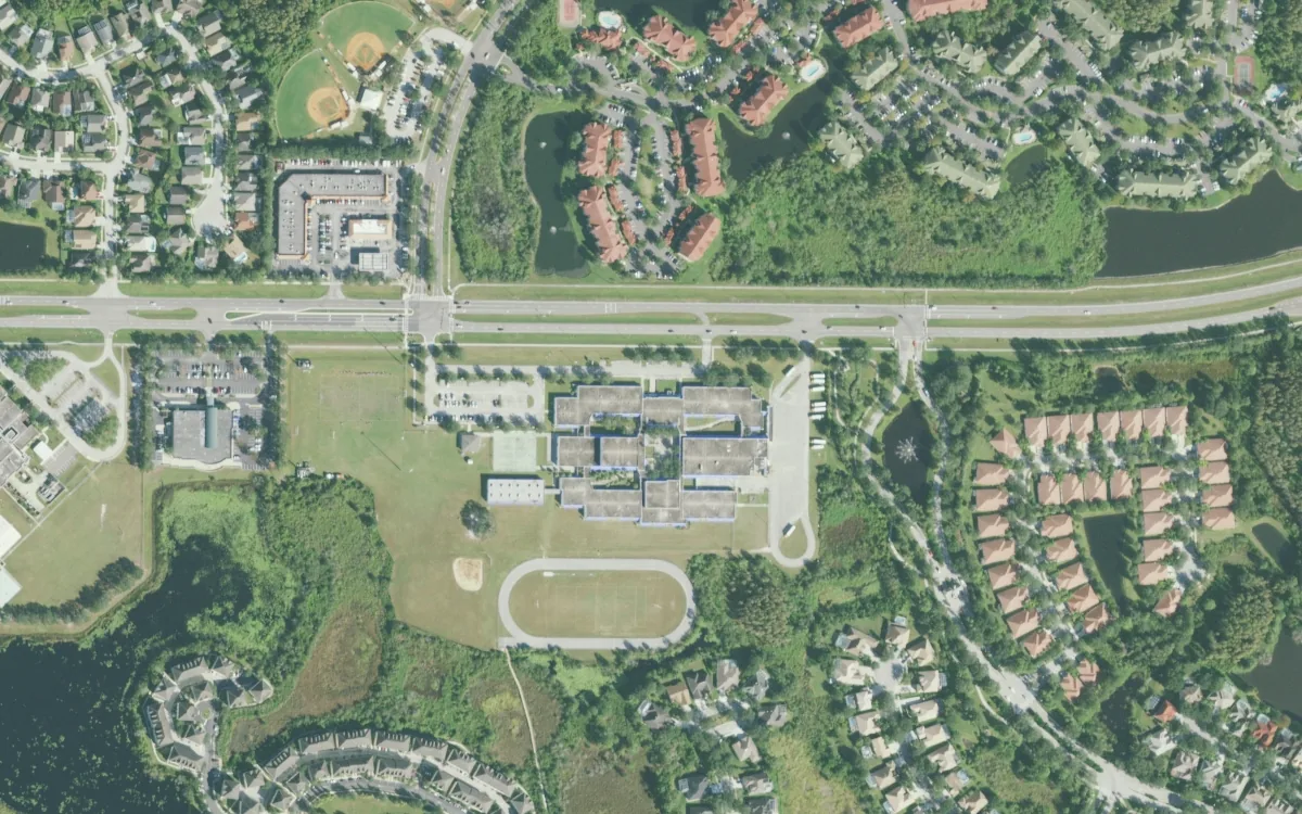 Benito Middle and the blocks around it on Cross Creek Boulevard, Tampa, seen from the air