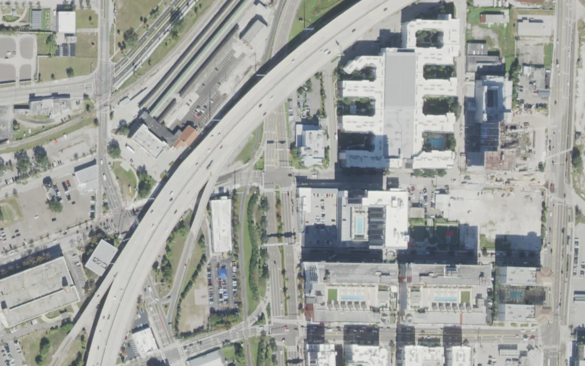 Channelside Academy of Math and Science and the blocks around it on East Twiggs Street, Tampa, seen from the air