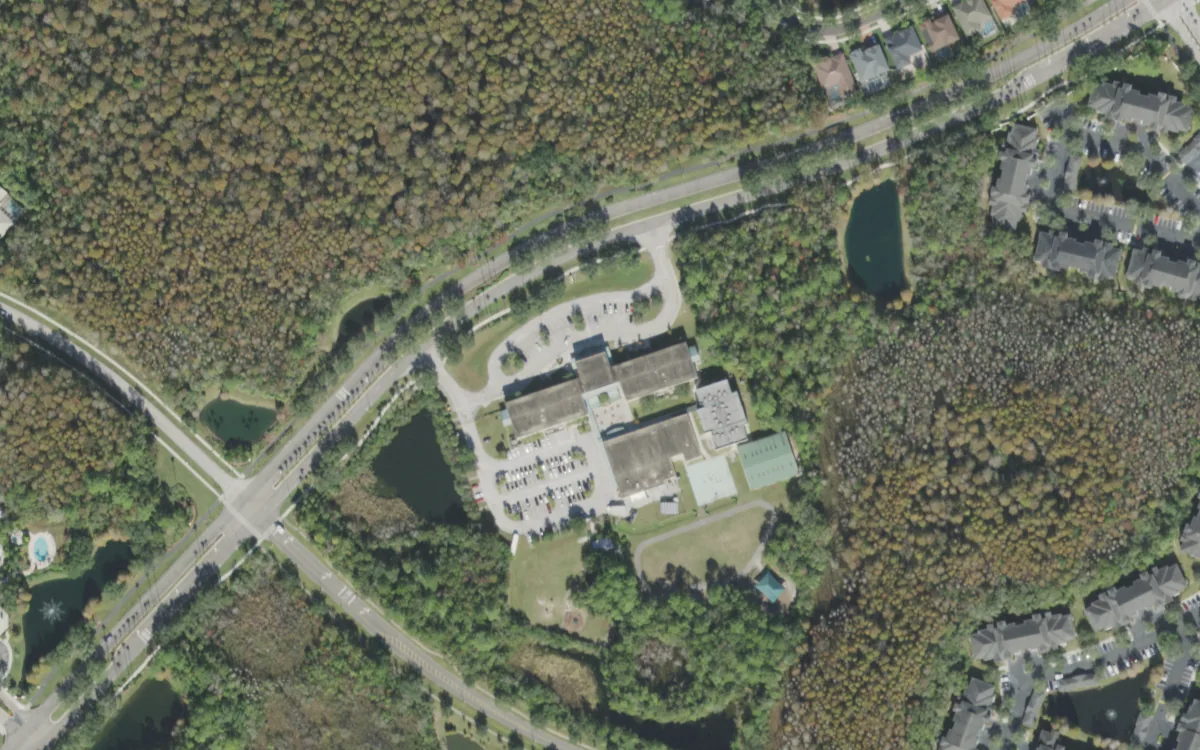 Chiles Elementary and the blocks around it on Tampa Palms Boulevard West, Tampa, seen from the air