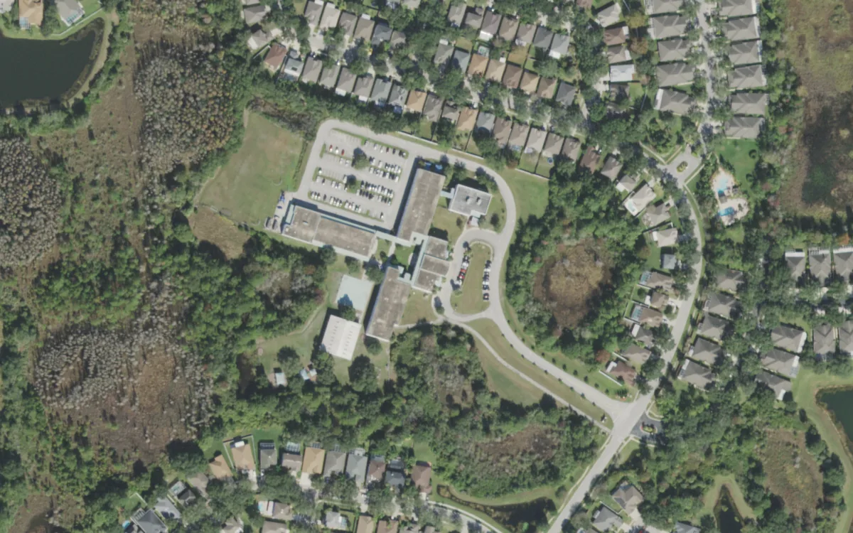 Clark Elementary and the blocks around it on Wood Sage Drive, Tampa, seen from the air