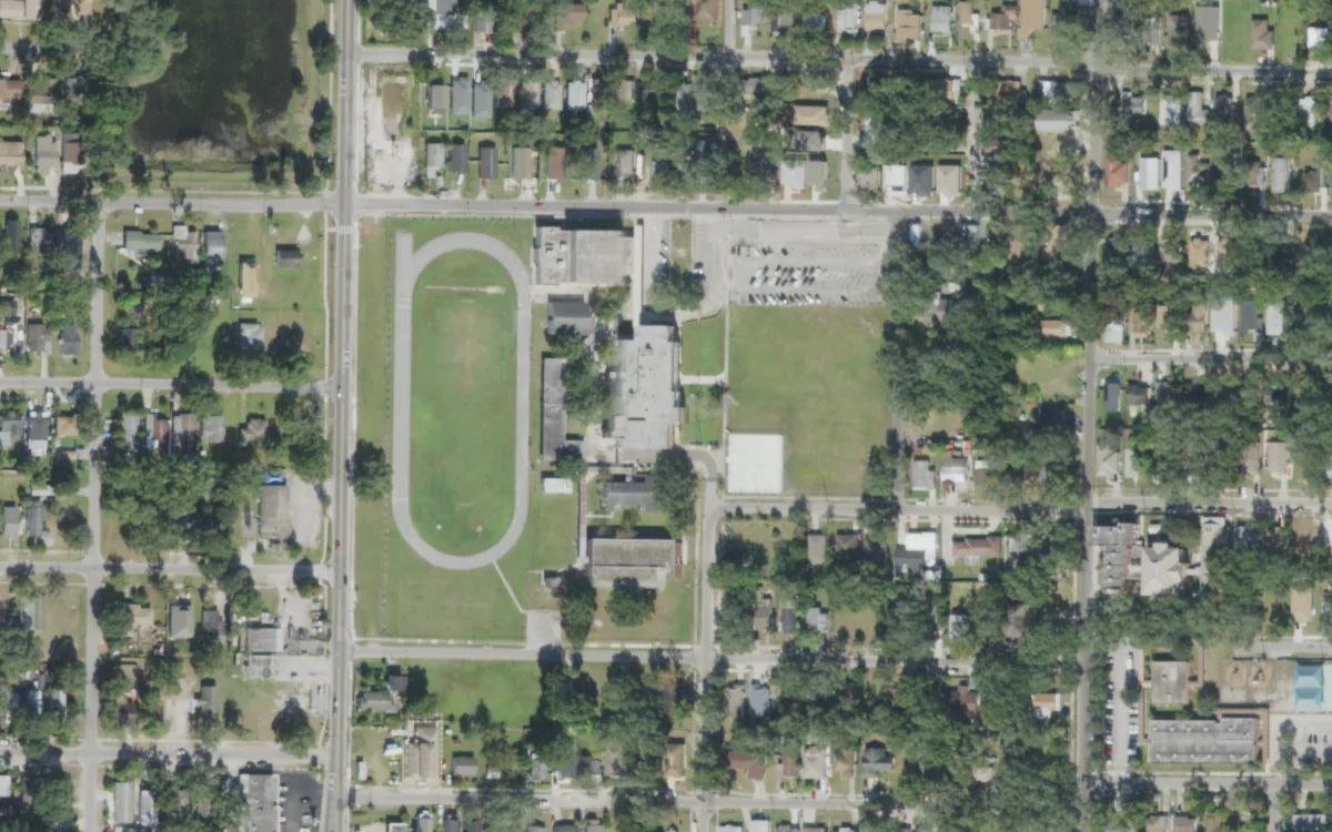 Ferrell Middle Magnet and the blocks around it on North 24th Street, Tampa, seen from the air