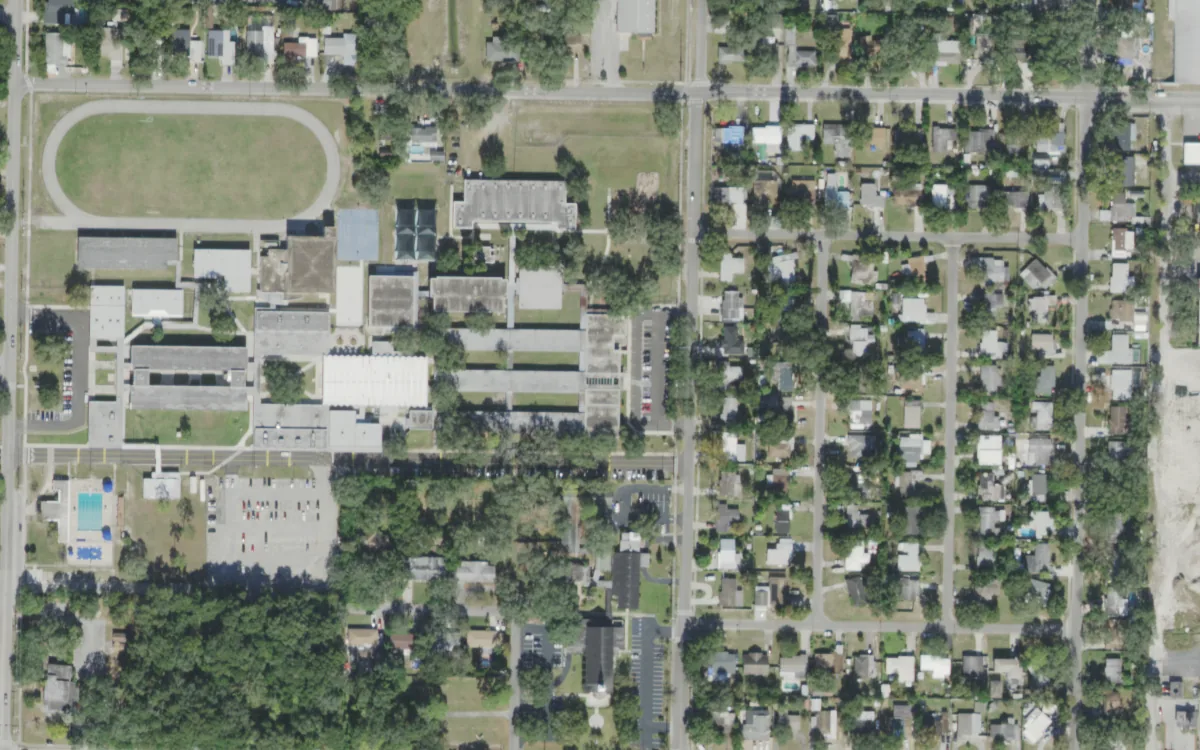 Forest Hills Elementary and the blocks around it on North Ola Avenue, Tampa, seen from the air