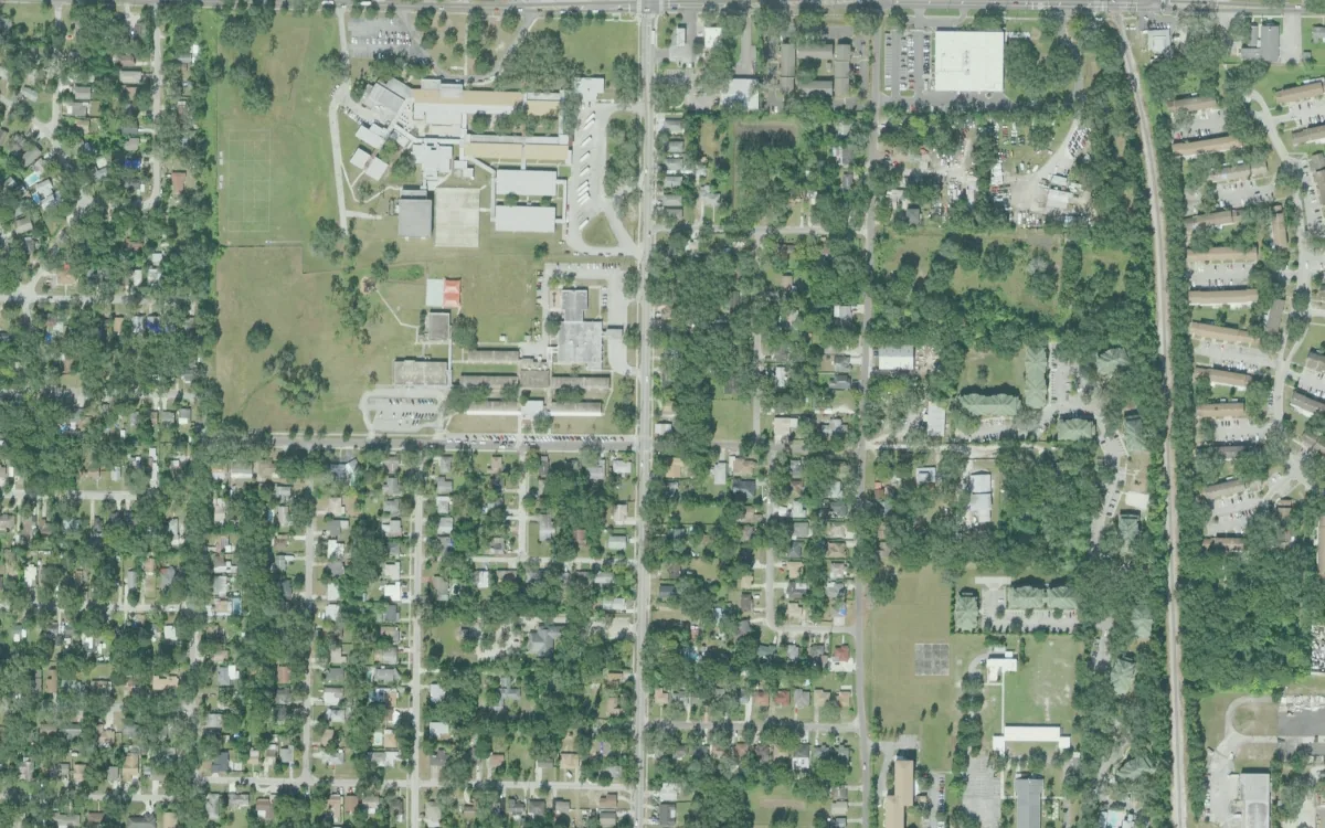 Foster Elementary and the blocks around it on East Diana Street, Tampa, seen from the air
