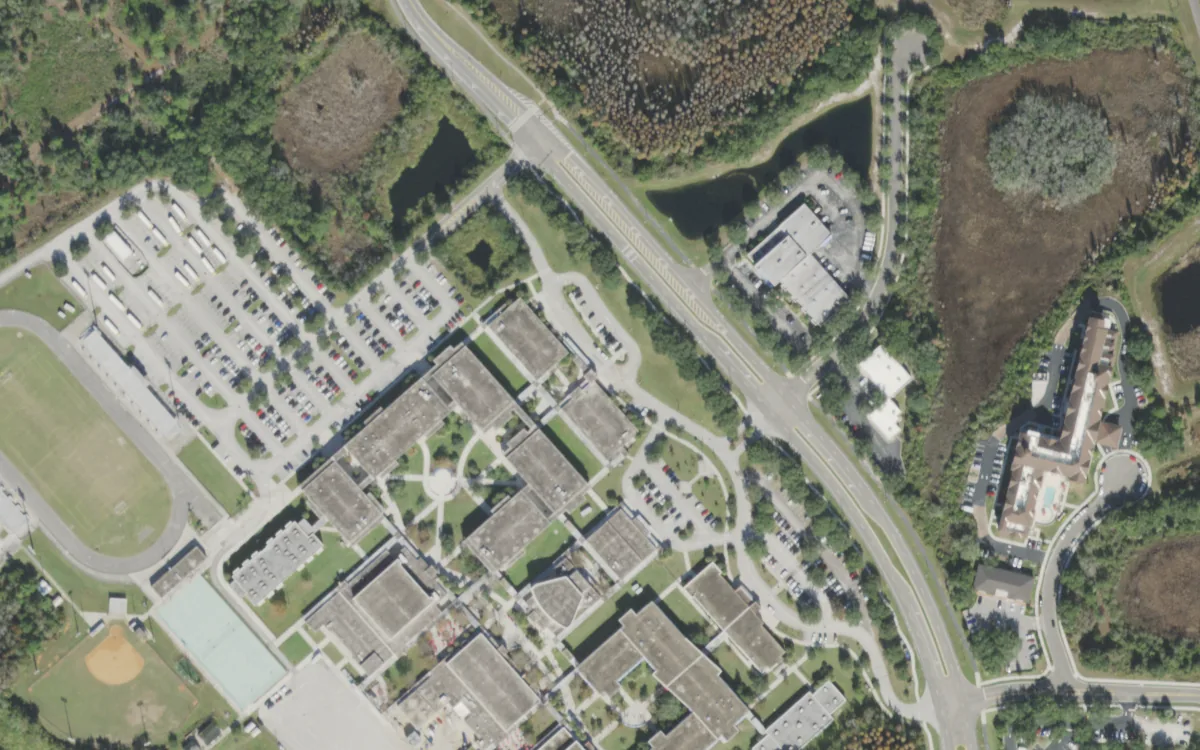 Freedom High and the blocks around it on Commerce Park Boulevard, Tampa, seen from the air