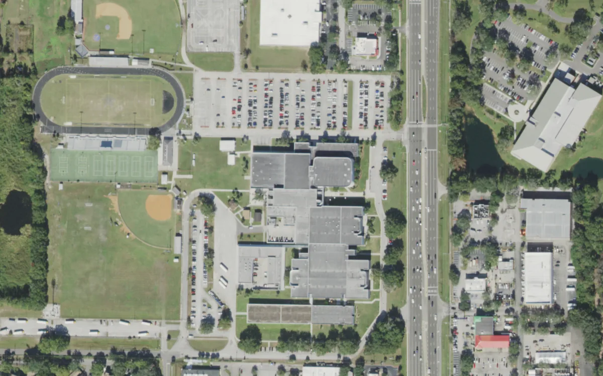 Gaither High and the blocks around it on North Dale Mabry Highway, Tampa, seen from the air