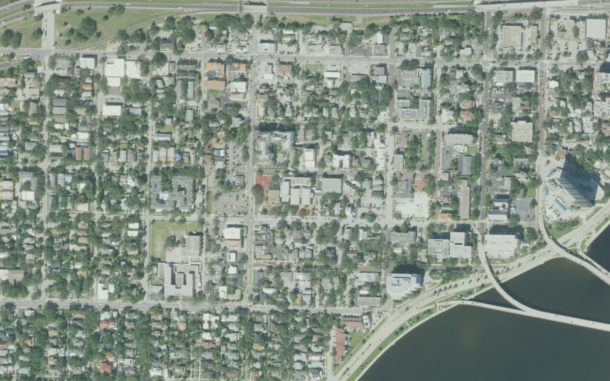 Gorrie Elementary and the blocks around it on West DeLeon Street, Tampa, seen from the air