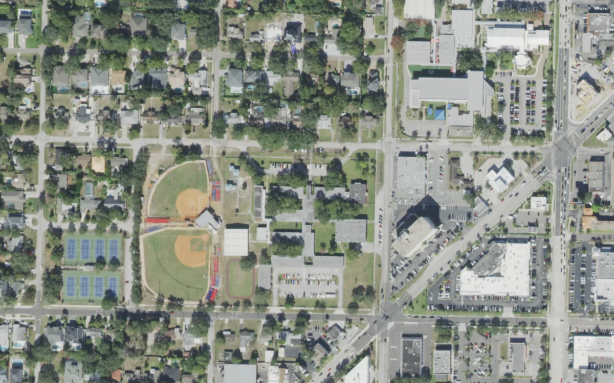 Grady Elementary and the blocks around it on West Morrison Avenue, Tampa, seen from the air
