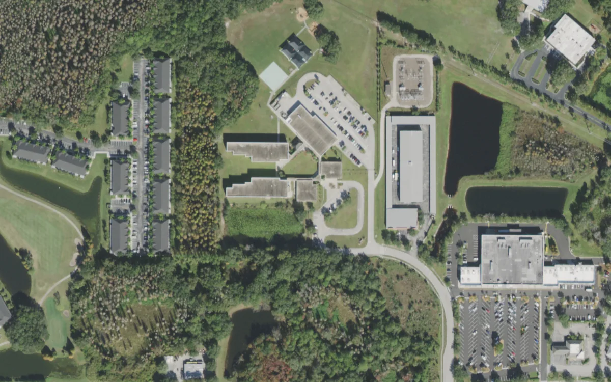 Heritage Elementary and the blocks around it on East Meadows Road, Tampa, seen from the air