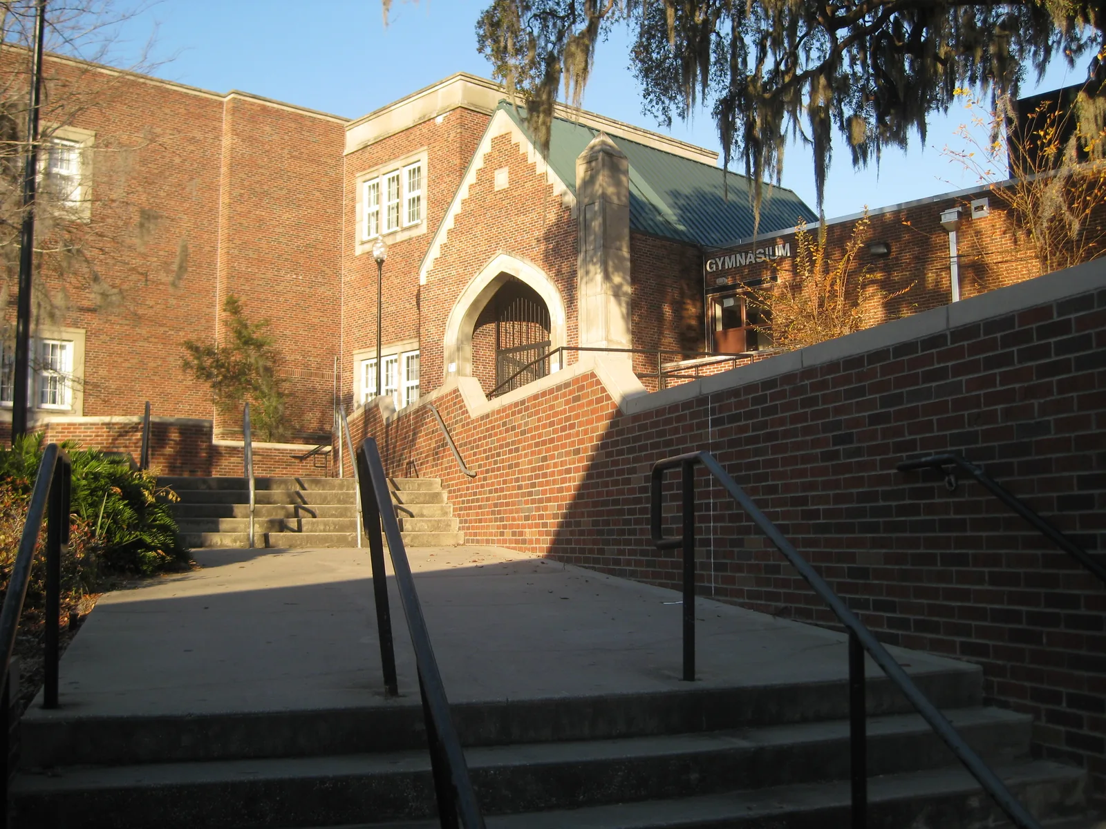 The stairs to Hillsborough High School's west entry, with the gymnasium at right, in Seminole Heights, Tampa