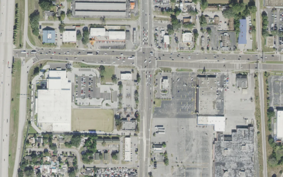 IDEA Victory and the blocks around it on North Nebraska Avenue, Tampa, seen from the air
