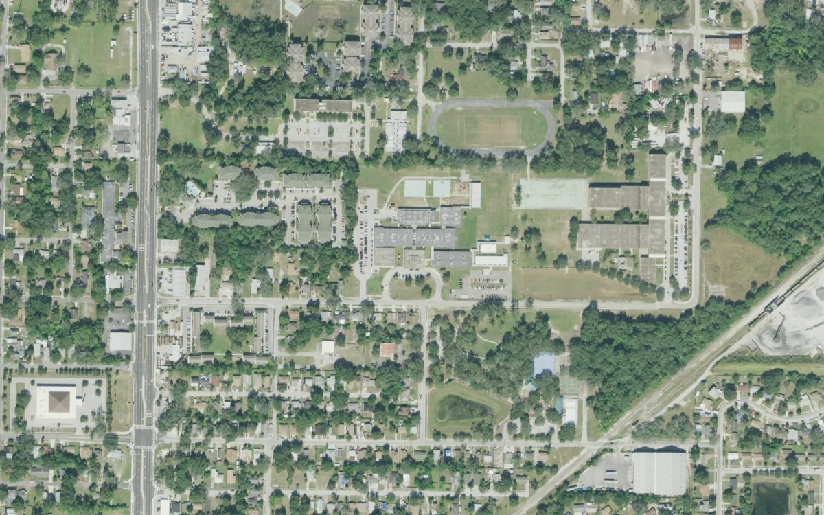 James Elementary and the blocks around it on East Ellicott Street, Tampa, seen from the air