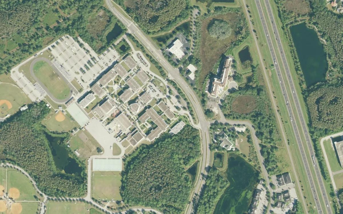 Liberty Middle and the blocks around it on Commerce Park Boulevard, Tampa, seen from the air