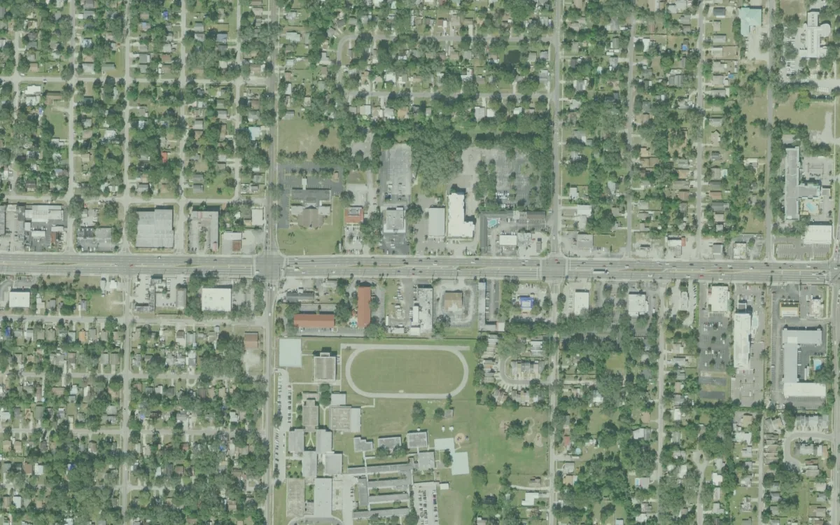 New Springs Schools and the blocks around it on East Busch Boulevard, Tampa, seen from the air