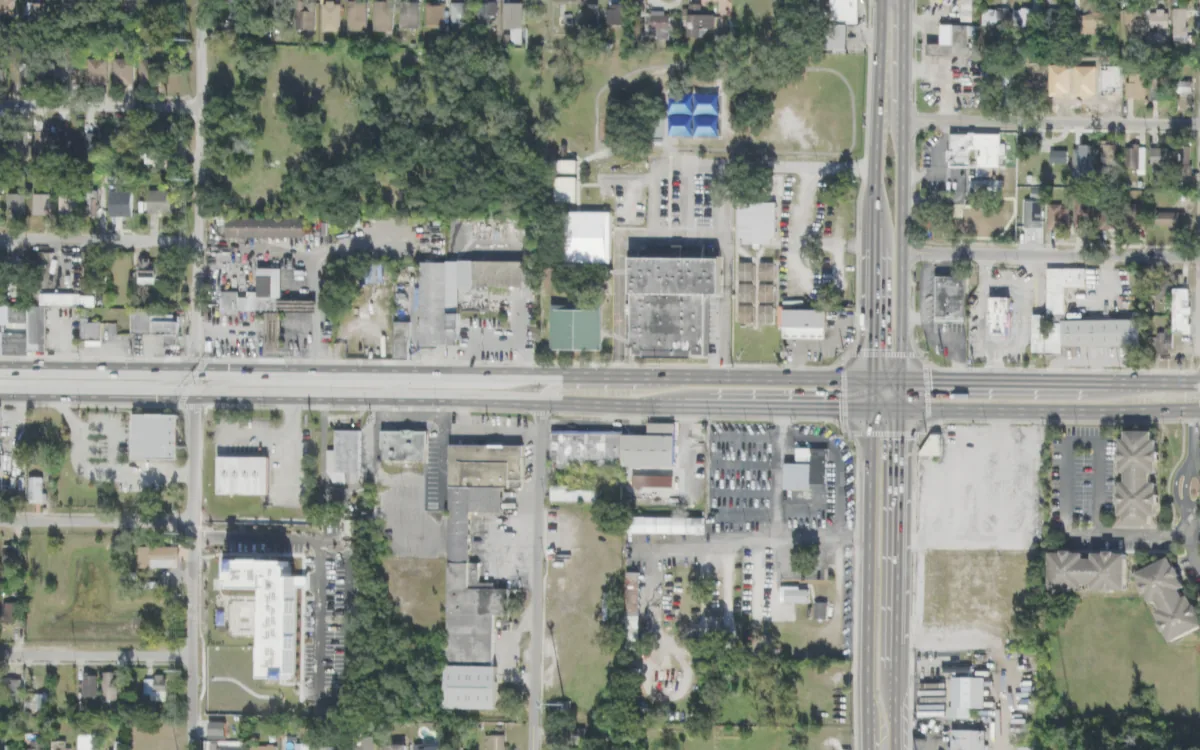Pepin Academies and the blocks around it on East Hillsborough Avenue, Tampa, seen from the air