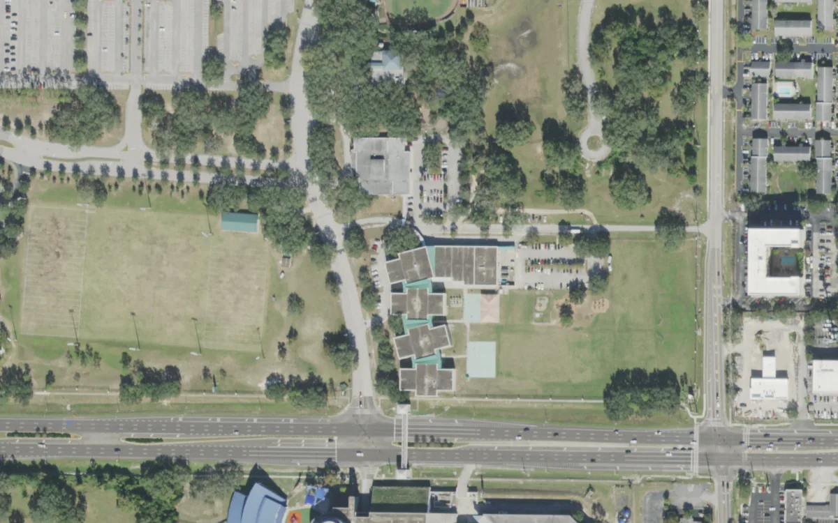 Pizzo K-8 and the blocks around it on USF Bull Run Street, Tampa, seen from the air