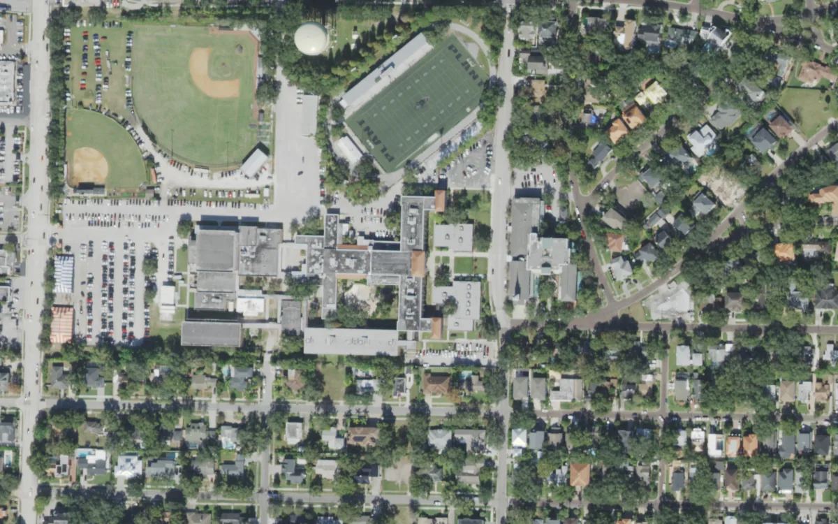 Plant High and the blocks around it on South Himes Avenue, Tampa, seen from the air