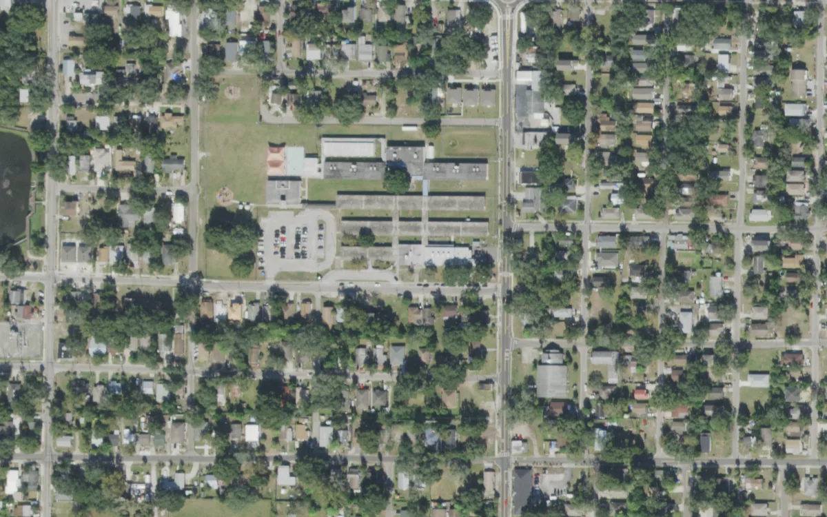 Potter Elementary and the blocks around it on East Cayuga Street, Tampa, seen from the air