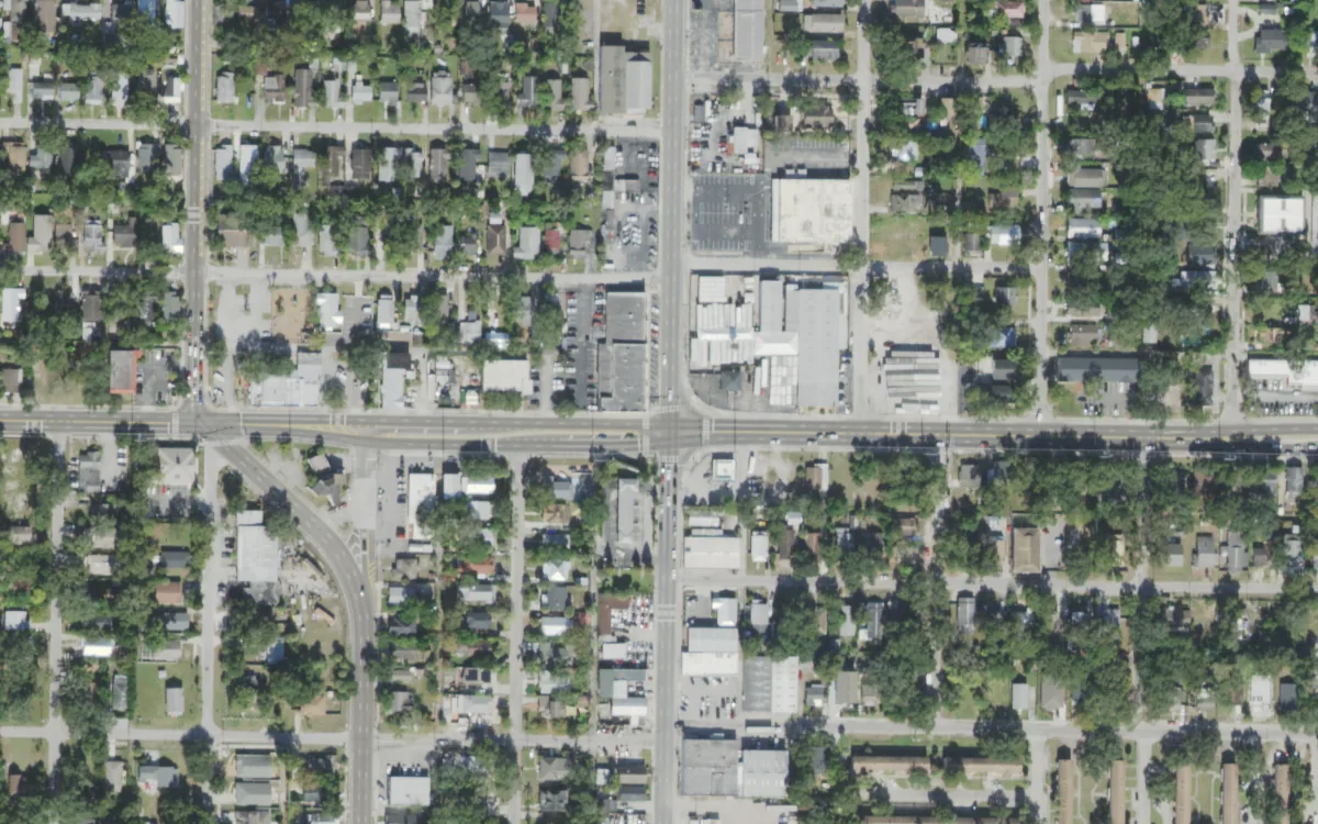Seminole Heights Charter High and the blocks around it on North Florida Avenue, Tampa, seen from the air