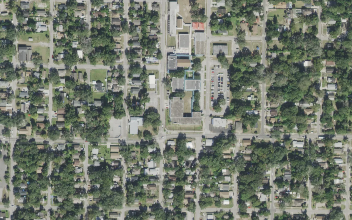 Sulphur Springs K-8 and the blocks around it on North 13th Street, Tampa, seen from the air
