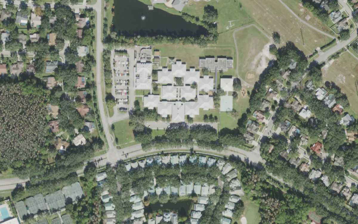 Tampa Palms Elementary and the blocks around it on Tampa Palms Boulevard, Tampa, seen from the air