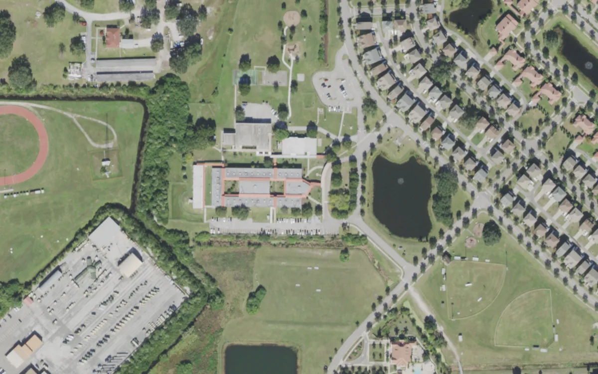 Tinker K-8 and the blocks around it on Tinker Street, MacDill Air Force Base, seen from the air