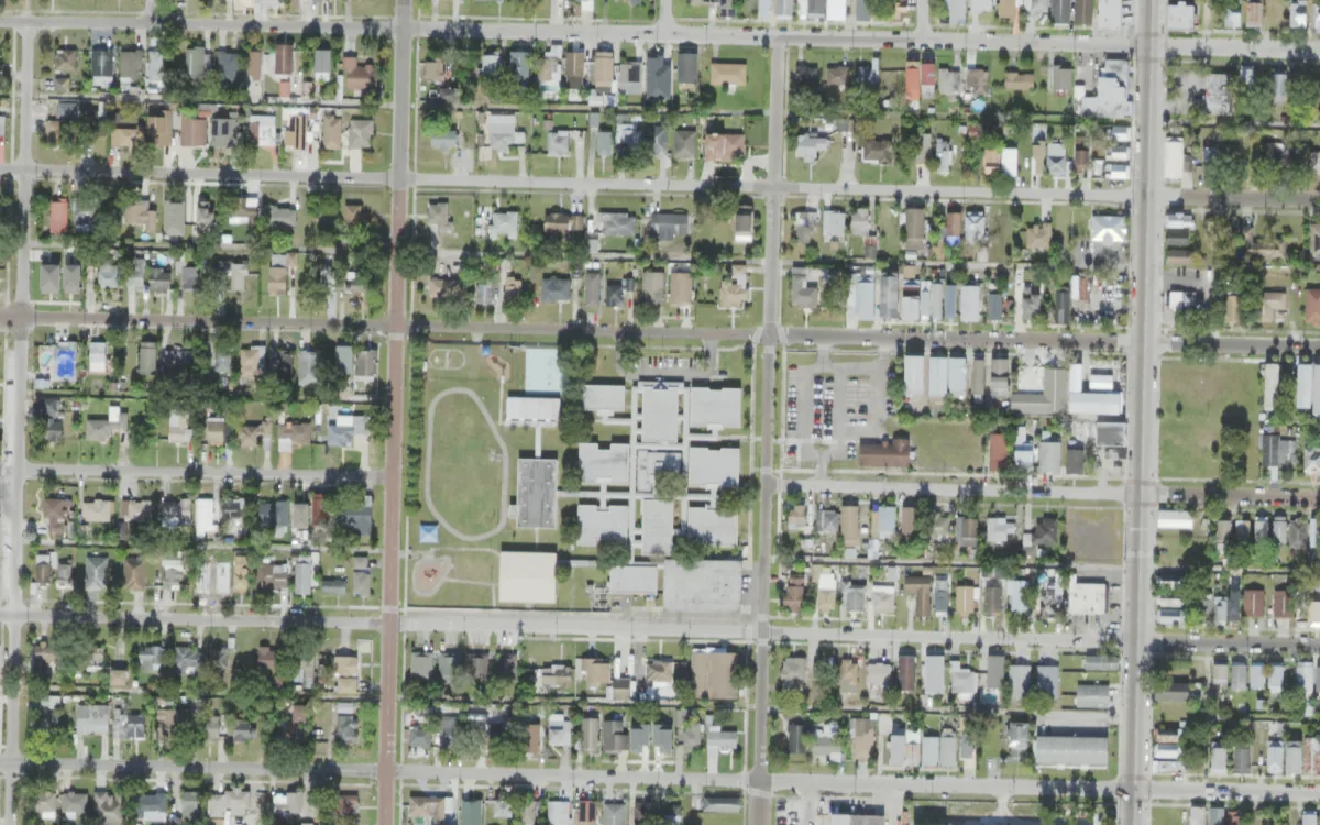 West Tampa Elementary and the blocks around it on West Cherry Street, Tampa, seen from the air