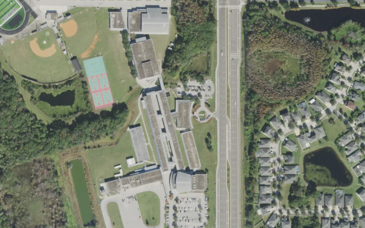 Wharton High and the blocks around it on Bruce B. Downs Boulevard, Tampa, seen from the air