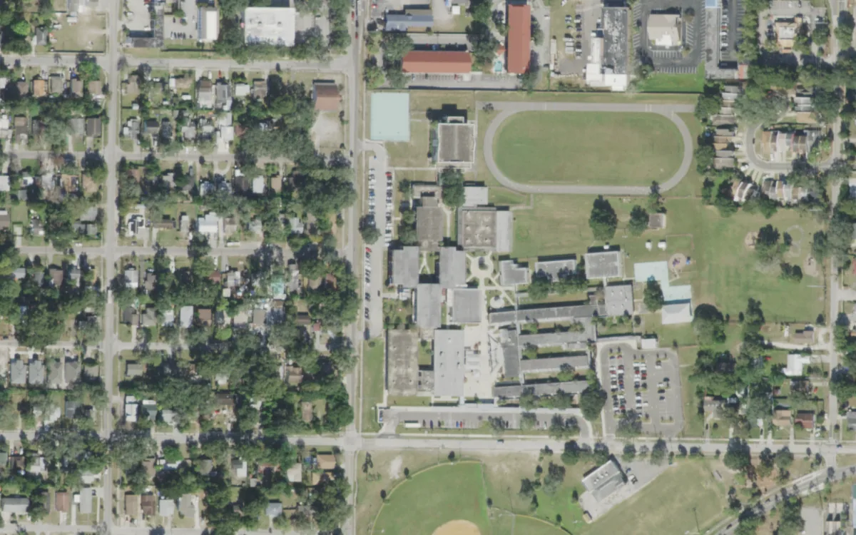 Woodson K-8 and the blocks around it on North 22nd Street, Tampa, seen from the air