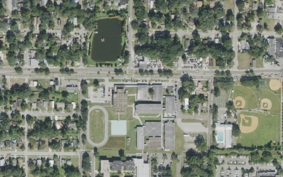 Young Middle Magnet and the blocks around it on East Dr. Martin Luther King Jr. Boulevard, Tampa, seen from the air
