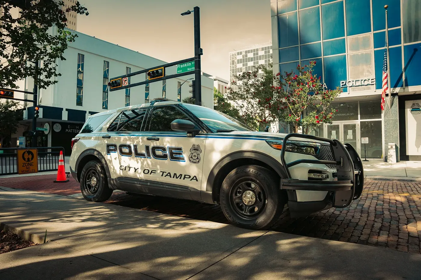 A City of Tampa police vehicle outside Tampa Police Department headquarters on Franklin Street downtown, photographed in May 2025. The photo does not show the scene of the shooting.