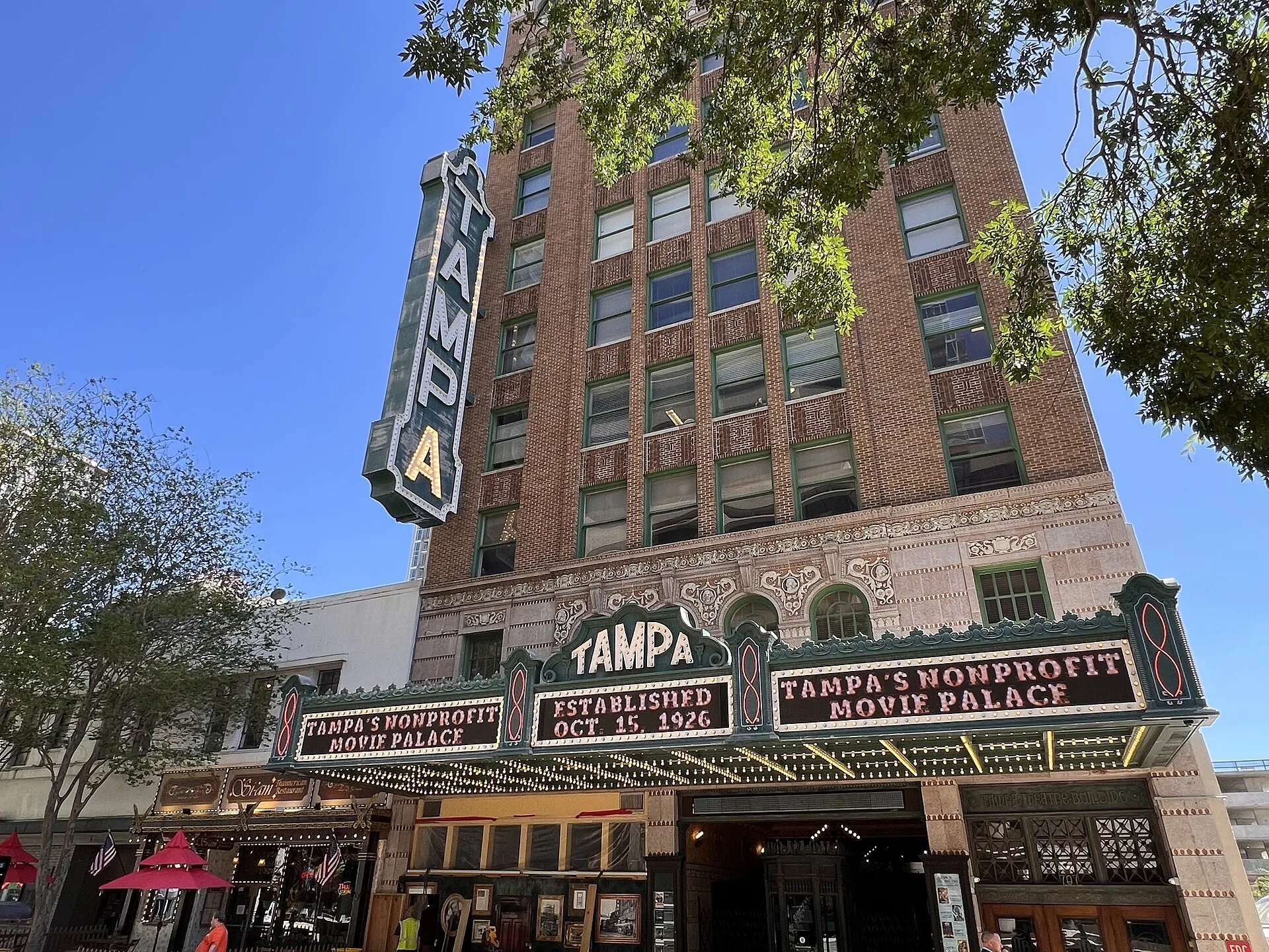 The Tampa Theatre marquee and vertical sign on Franklin Street in downtown Tampa.