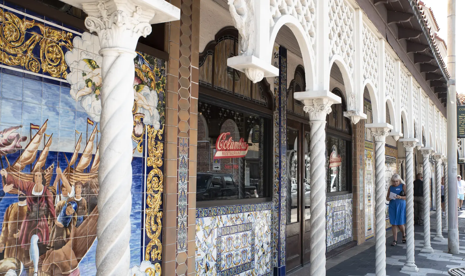 The tiled arcade of the Columbia Restaurant on East Seventh Avenue in Ybor City.
