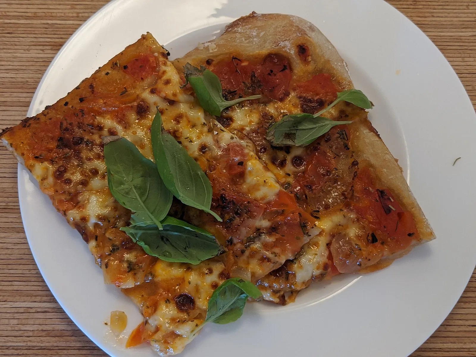 Slices of margherita pizza with fresh basil on a white plate. The photo was not taken at a Tampa restaurant.